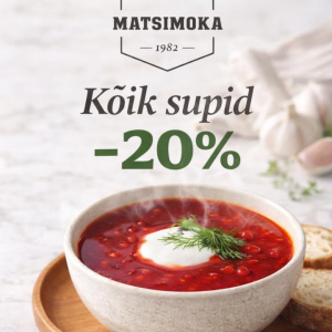 UUDIS! Alates tänasest on kõik supid Matsimoka poodides -20% 🥣

Valikus:
🥘 Seljanka
🍲 Borš
🌿 Hernesupp

Tark ja tervislik valik kiireks lõunaks või mõnusaks õhtusöögiks koos perega – lihtsalt soojenda ja naudi!

👉 Tule läbi Matsimoka poest ja haara oma lemmik!

Matsimoka kvaliteetlihapoed leiad:
- Rocca al Mare Kaubanduskeskusest,
- ﻿﻿Kristiine Keskusest, 
- Balti Jaama turult,
- ﻿﻿Tartu Kaubamajast,
- ﻿﻿Rakvere Põhjakeskusest

#Matsimoka #kodunemaitse #tarkvalik

